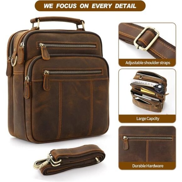 Leather Man Purse Shoulder Bag,Small Mens Crossbody Messenger Bags for Work - Picture 4 of 7